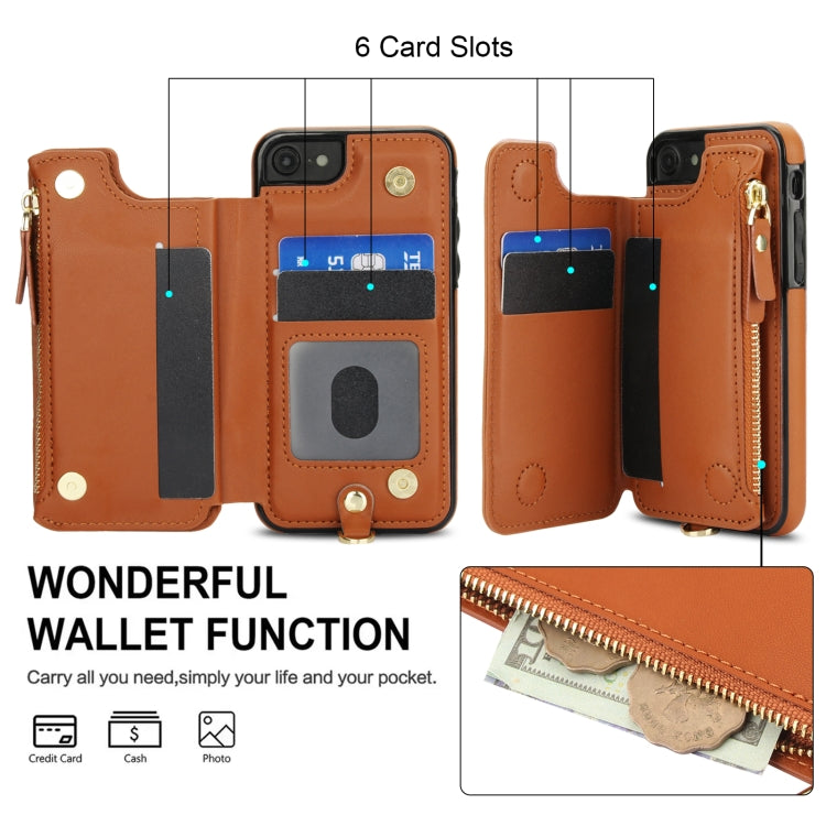 For iPhone SE 2022 / 2020 / 8 Double Flap Zipper RFID Leather Phone Case with Short Lanyard(Brown) - iPhone SE 2022 / 2020 / 8 / 7 Cases by buy2fix | Online Shopping UK | buy2fix