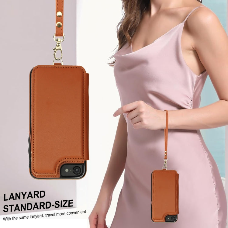 For iPhone SE 2022 / 2020 / 8 Double Flap Zipper RFID Leather Phone Case with Short Lanyard(Brown) - iPhone SE 2022 / 2020 / 8 / 7 Cases by buy2fix | Online Shopping UK | buy2fix