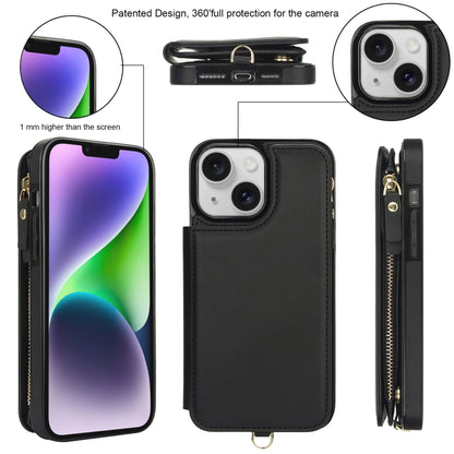 For iPhone 13 mini Double Flap Zipper RFID Leather Phone Case with Short Lanyard(Black) - iPhone 13 mini Cases by buy2fix | Online Shopping UK | buy2fix