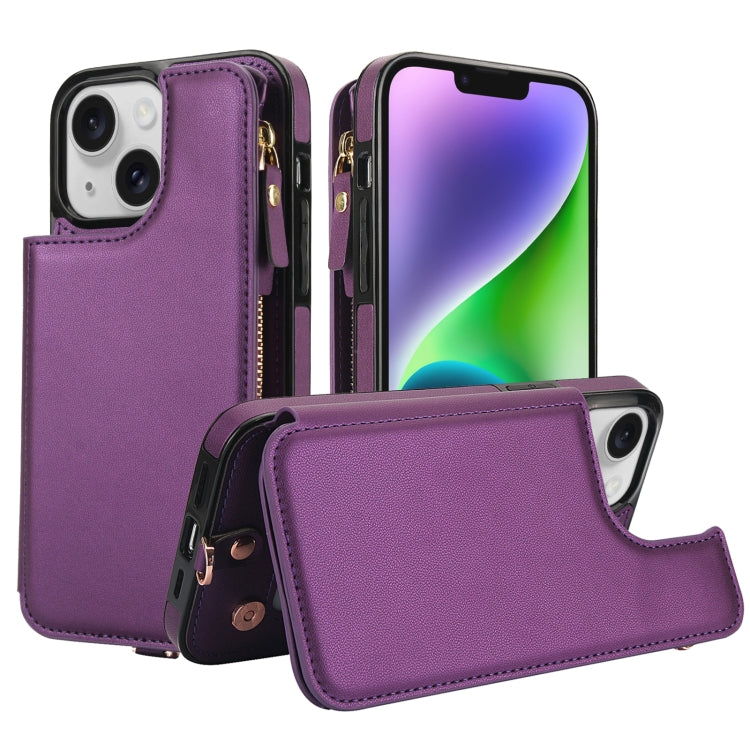 For iPhone 13 mini Double Flap Zipper RFID Leather Phone Case with Short Lanyard(Dark Purple) - iPhone 13 mini Cases by buy2fix | Online Shopping UK | buy2fix
