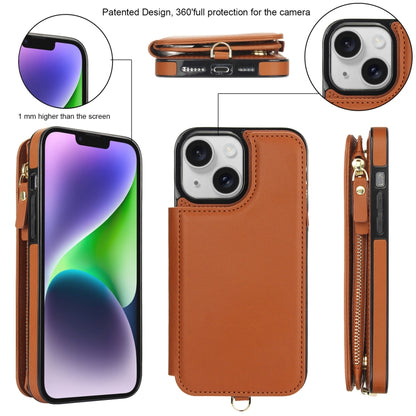 For iPhone 13 mini Double Flap Zipper RFID Leather Phone Case with Short Lanyard(Brown) - iPhone 13 mini Cases by buy2fix | Online Shopping UK | buy2fix