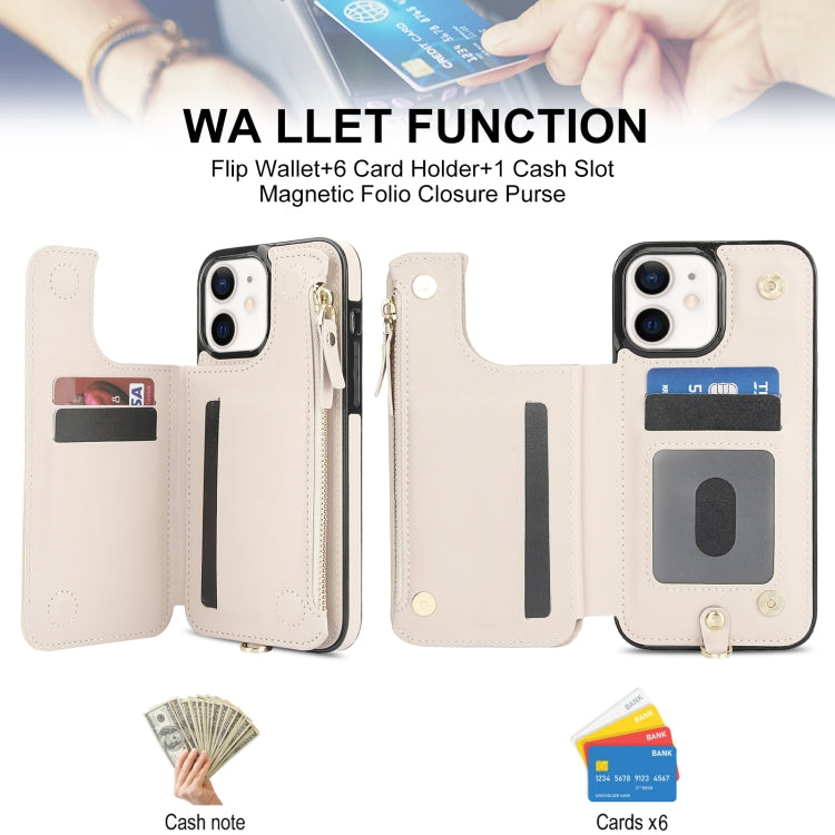 For iPhone 12 Double Flap Zipper RFID Leather Phone Case with Short Lanyard(White) - iPhone 12 / 12 Pro Cases by buy2fix | Online Shopping UK | buy2fix