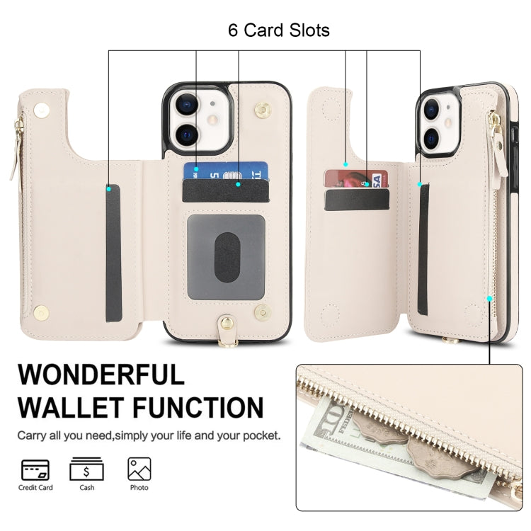 For iPhone 12 Double Flap Zipper RFID Leather Phone Case with Short Lanyard(White) - iPhone 12 / 12 Pro Cases by buy2fix | Online Shopping UK | buy2fix