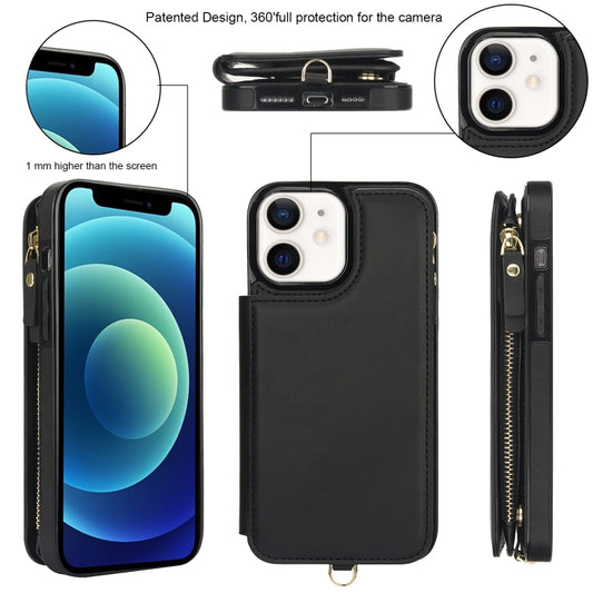 For iPhone 12 Double Flap Zipper RFID Leather Phone Case with Short Lanyard(Black) - iPhone 12 / 12 Pro Cases by buy2fix | Online Shopping UK | buy2fix