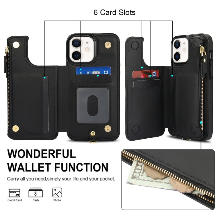 For iPhone 12 Double Flap Zipper RFID Leather Phone Case with Short Lanyard(Black) - iPhone 12 / 12 Pro Cases by buy2fix | Online Shopping UK | buy2fix