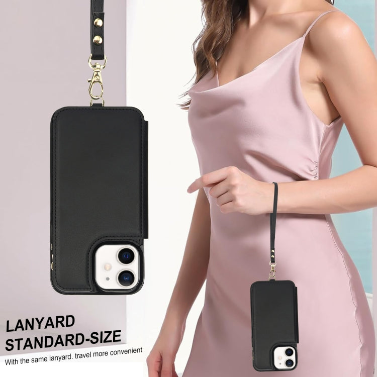 For iPhone 12 Double Flap Zipper RFID Leather Phone Case with Short Lanyard(Black) - iPhone 12 / 12 Pro Cases by buy2fix | Online Shopping UK | buy2fix