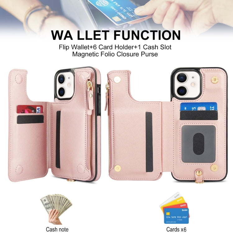 For iPhone 12 Double Flap Zipper RFID Leather Phone Case with Short Lanyard(Rose Gold) - iPhone 12 / 12 Pro Cases by buy2fix | Online Shopping UK | buy2fix