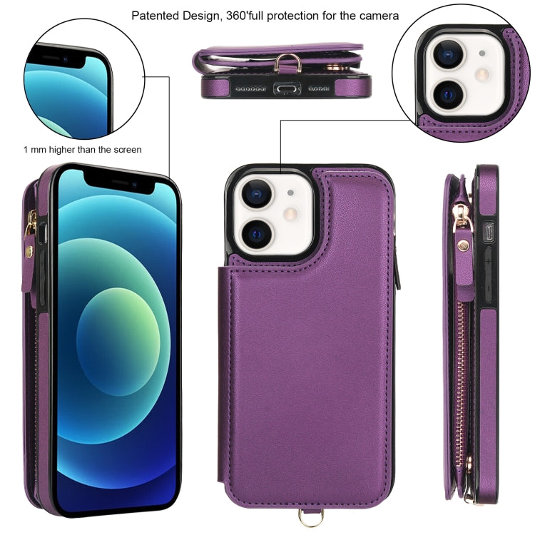 For iPhone 12 Double Flap Zipper RFID Leather Phone Case with Short Lanyard(Dark Purple) - iPhone 12 / 12 Pro Cases by buy2fix | Online Shopping UK | buy2fix