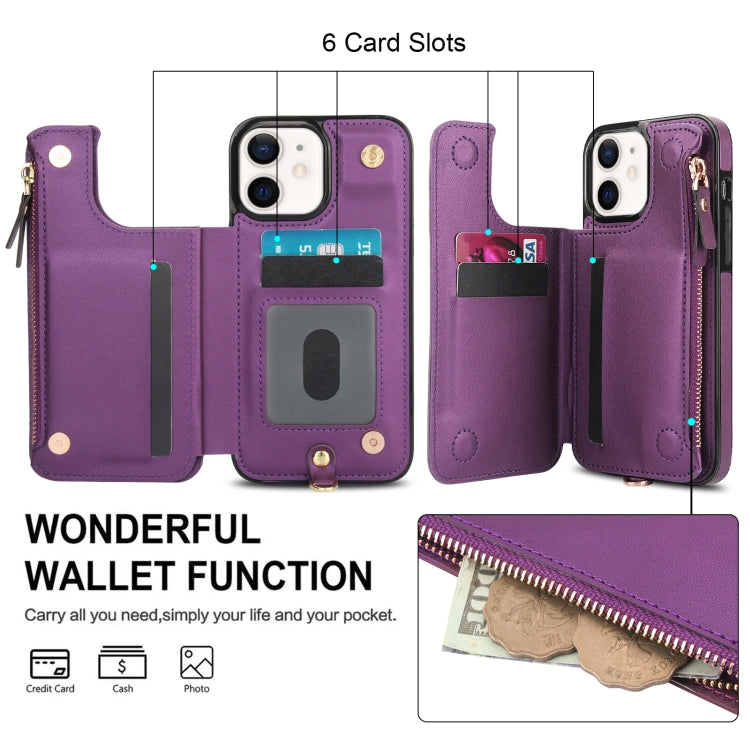 For iPhone 12 Double Flap Zipper RFID Leather Phone Case with Short Lanyard(Dark Purple) - iPhone 12 / 12 Pro Cases by buy2fix | Online Shopping UK | buy2fix