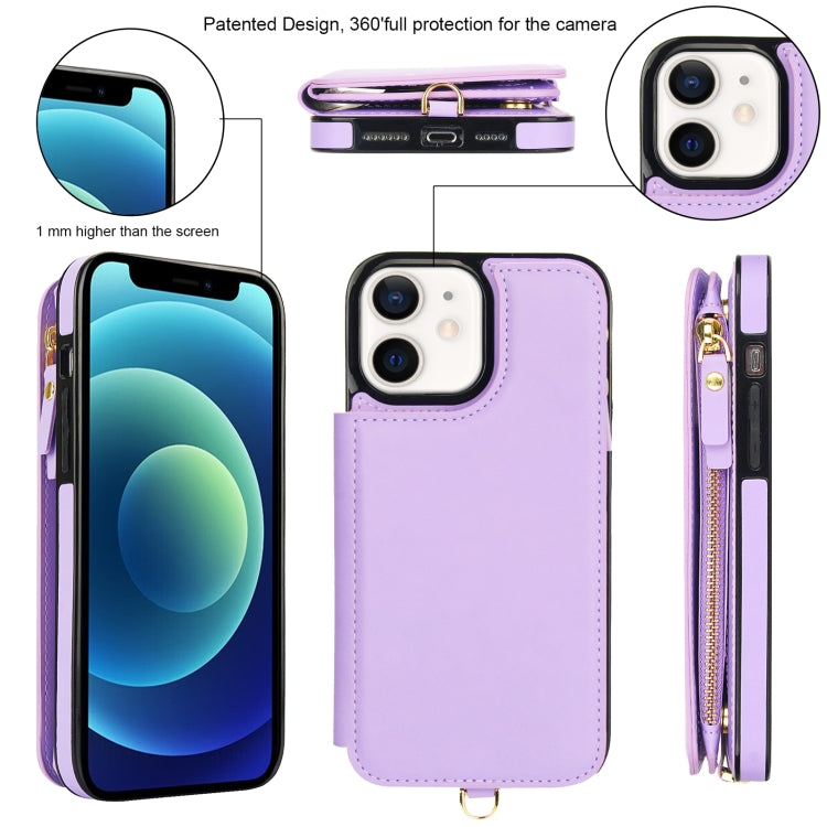 For iPhone 12 Double Flap Zipper RFID Leather Phone Case with Short Lanyard(Light Purple) - iPhone 12 / 12 Pro Cases by buy2fix | Online Shopping UK | buy2fix