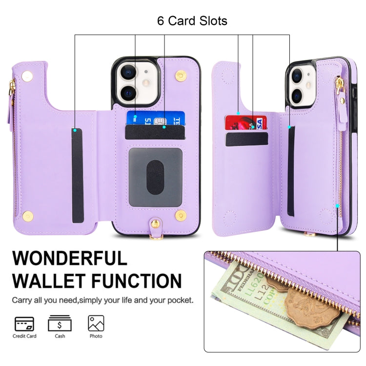 For iPhone 12 Double Flap Zipper RFID Leather Phone Case with Short Lanyard(Light Purple) - iPhone 12 / 12 Pro Cases by buy2fix | Online Shopping UK | buy2fix