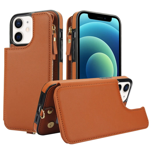 For iPhone 12 Double Flap Zipper RFID Leather Phone Case with Short Lanyard(Brown) - iPhone 12 / 12 Pro Cases by buy2fix | Online Shopping UK | buy2fix