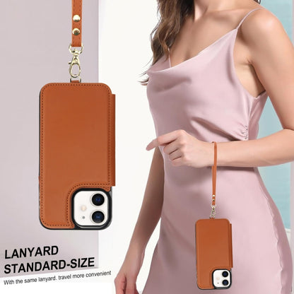 For iPhone 12 Double Flap Zipper RFID Leather Phone Case with Short Lanyard(Brown) - iPhone 12 / 12 Pro Cases by buy2fix | Online Shopping UK | buy2fix