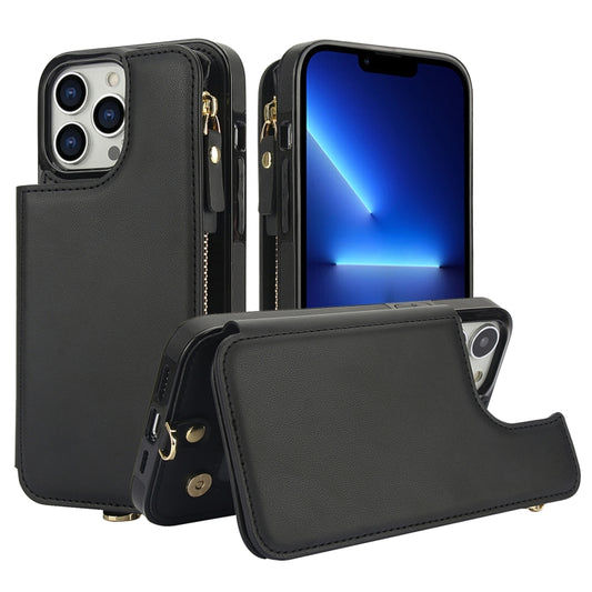 For iPhone 12 Pro Double Flap Zipper RFID Leather Phone Case with Short Lanyard(Black) - iPhone 12 / 12 Pro Cases by buy2fix | Online Shopping UK | buy2fix