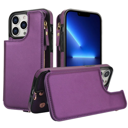 For iPhone 12 Pro Double Flap Zipper RFID Leather Phone Case with Short Lanyard(Dark Purple) - iPhone 12 / 12 Pro Cases by buy2fix | Online Shopping UK | buy2fix