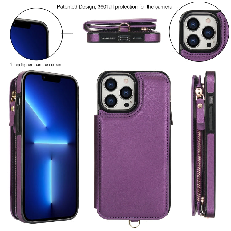 For iPhone 12 Pro Double Flap Zipper RFID Leather Phone Case with Short Lanyard(Dark Purple) - iPhone 12 / 12 Pro Cases by buy2fix | Online Shopping UK | buy2fix