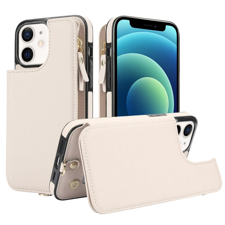 For iPhone 12 mini Double Flap Zipper RFID Leather Phone Case with Short Lanyard(White) - iPhone 12 mini Cases by buy2fix | Online Shopping UK | buy2fix