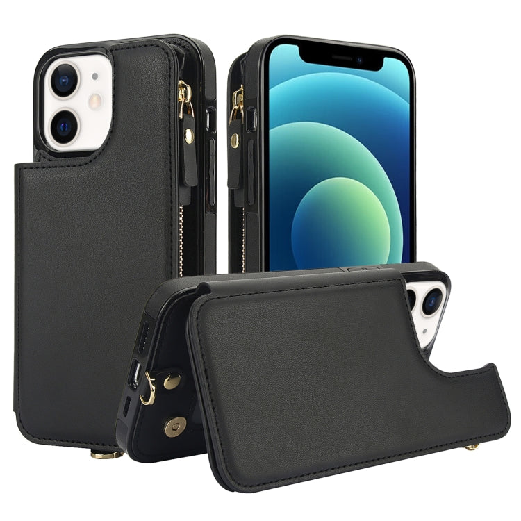 For iPhone 12 mini Double Flap Zipper RFID Leather Phone Case with Short Lanyard(Black) - iPhone 12 mini Cases by buy2fix | Online Shopping UK | buy2fix
