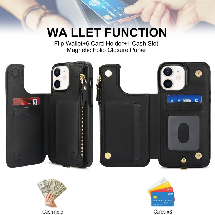 For iPhone 12 mini Double Flap Zipper RFID Leather Phone Case with Short Lanyard(Black) - iPhone 12 mini Cases by buy2fix | Online Shopping UK | buy2fix