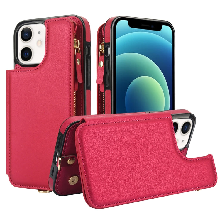 For iPhone 12 mini Double Flap Zipper RFID Leather Phone Case with Short Lanyard(Red) - iPhone 12 mini Cases by buy2fix | Online Shopping UK | buy2fix