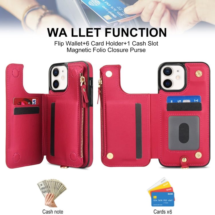 For iPhone 12 mini Double Flap Zipper RFID Leather Phone Case with Short Lanyard(Red) - iPhone 12 mini Cases by buy2fix | Online Shopping UK | buy2fix