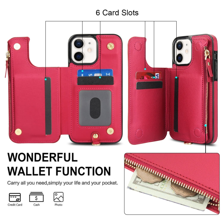 For iPhone 12 mini Double Flap Zipper RFID Leather Phone Case with Short Lanyard(Red) - iPhone 12 mini Cases by buy2fix | Online Shopping UK | buy2fix