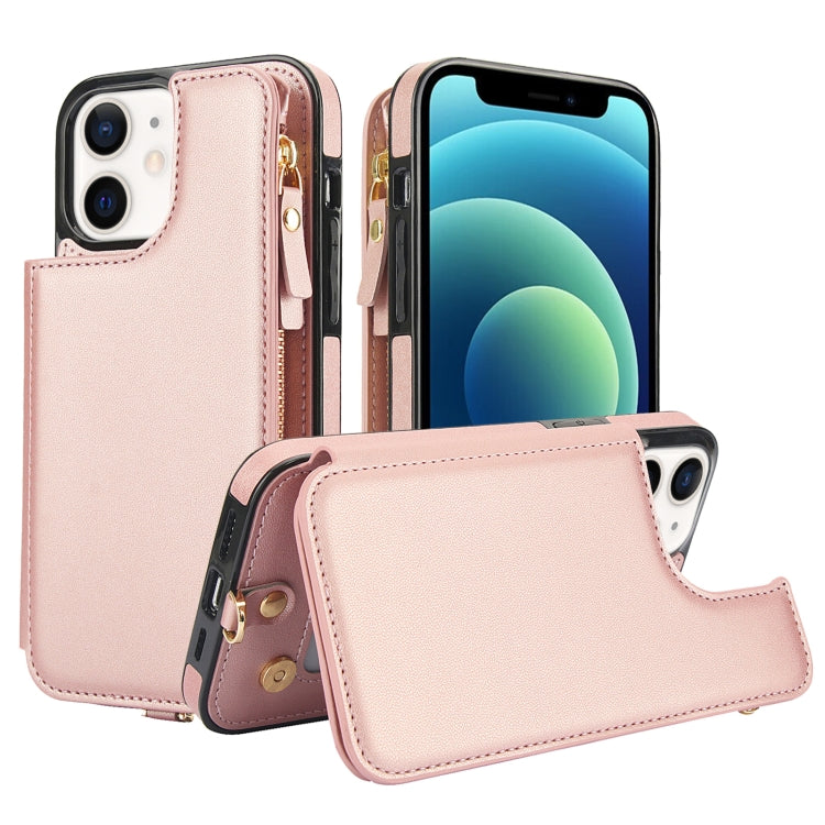 For iPhone 12 mini Double Flap Zipper RFID Leather Phone Case with Short Lanyard(Rose Gold) - iPhone 12 mini Cases by buy2fix | Online Shopping UK | buy2fix