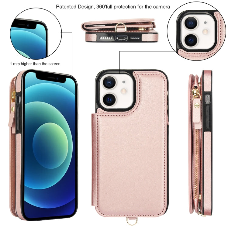 For iPhone 12 mini Double Flap Zipper RFID Leather Phone Case with Short Lanyard(Rose Gold) - iPhone 12 mini Cases by buy2fix | Online Shopping UK | buy2fix