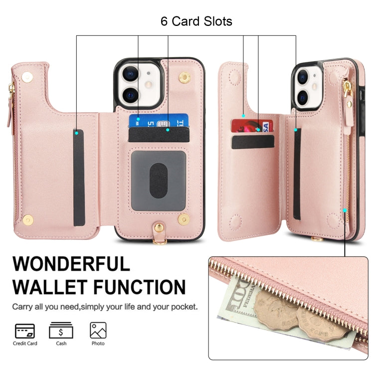 For iPhone 12 mini Double Flap Zipper RFID Leather Phone Case with Short Lanyard(Rose Gold) - iPhone 12 mini Cases by buy2fix | Online Shopping UK | buy2fix