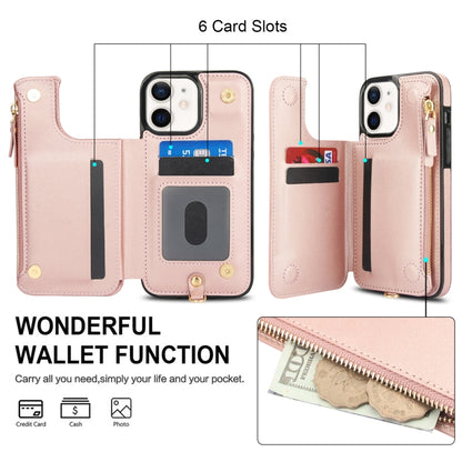 For iPhone 12 mini Double Flap Zipper RFID Leather Phone Case with Short Lanyard(Rose Gold) - iPhone 12 mini Cases by buy2fix | Online Shopping UK | buy2fix