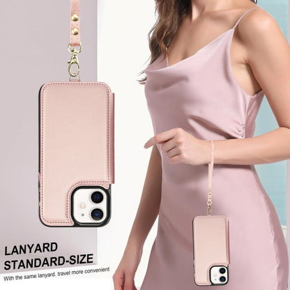 For iPhone 12 mini Double Flap Zipper RFID Leather Phone Case with Short Lanyard(Rose Gold) - iPhone 12 mini Cases by buy2fix | Online Shopping UK | buy2fix
