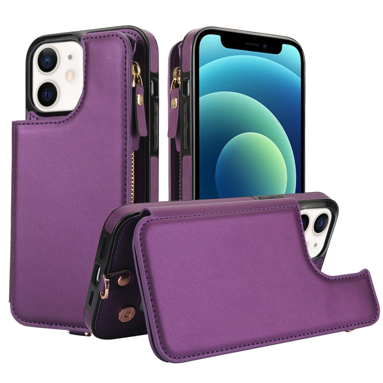 For iPhone 12 mini Double Flap Zipper RFID Leather Phone Case with Short Lanyard(Dark Purple) - iPhone 12 mini Cases by buy2fix | Online Shopping UK | buy2fix