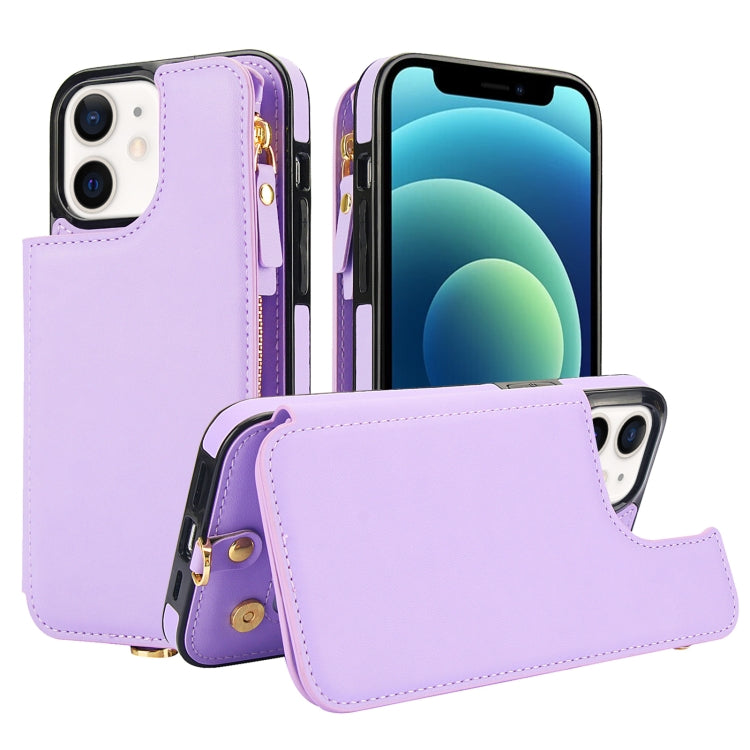 For iPhone 12 mini Double Flap Zipper RFID Leather Phone Case with Short Lanyard(Light Purple) - iPhone 12 mini Cases by buy2fix | Online Shopping UK | buy2fix