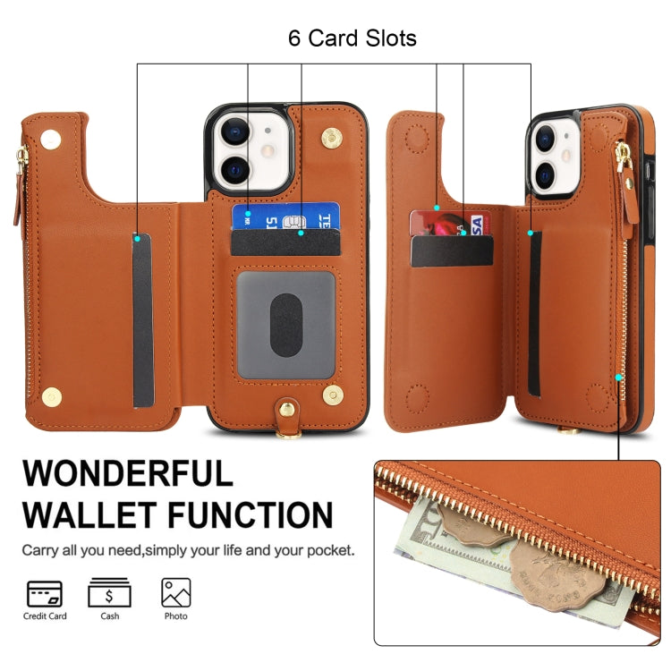 For iPhone 12 mini Double Flap Zipper RFID Leather Phone Case with Short Lanyard(Brown) - iPhone 12 mini Cases by buy2fix | Online Shopping UK | buy2fix