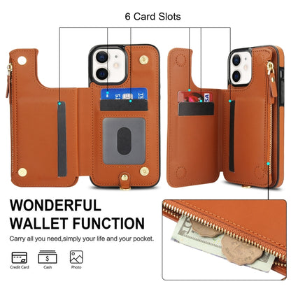 For iPhone 12 mini Double Flap Zipper RFID Leather Phone Case with Short Lanyard(Brown) - iPhone 12 mini Cases by buy2fix | Online Shopping UK | buy2fix