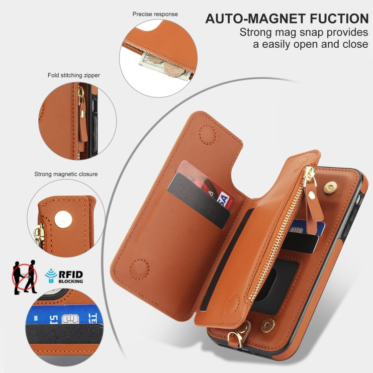 For iPhone 11 Pro Max Double Flap Zipper RFID Leather Phone Case with Short Lanyard(Brown) - iPhone 11 Pro Max Cases by buy2fix | Online Shopping UK | buy2fix