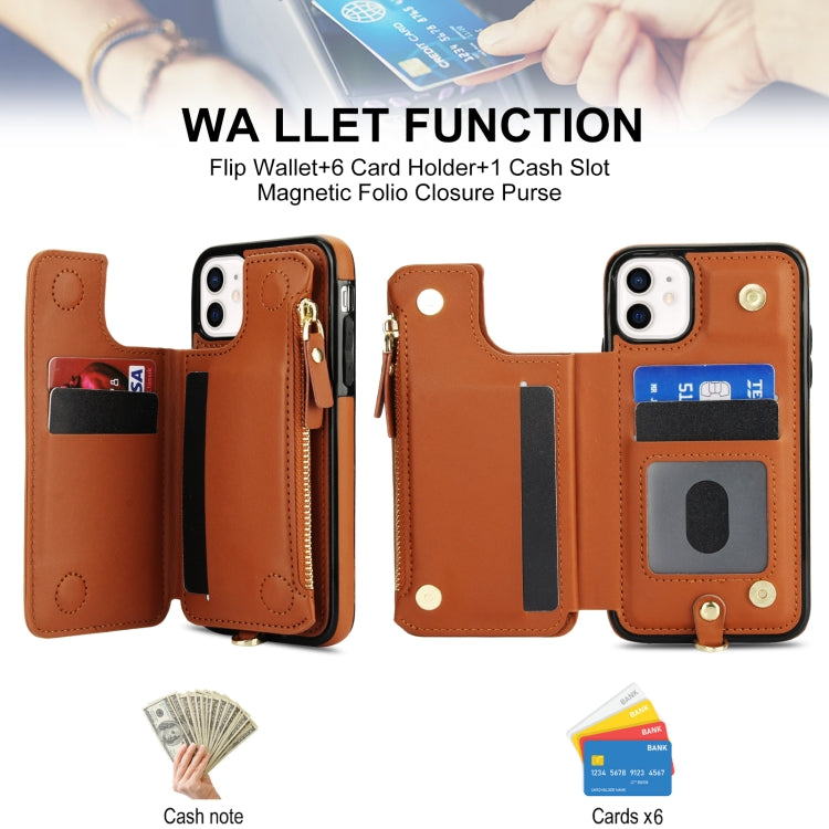 For iPhone 11 Pro Max Double Flap Zipper RFID Leather Phone Case with Short Lanyard(Brown) - iPhone 11 Pro Max Cases by buy2fix | Online Shopping UK | buy2fix