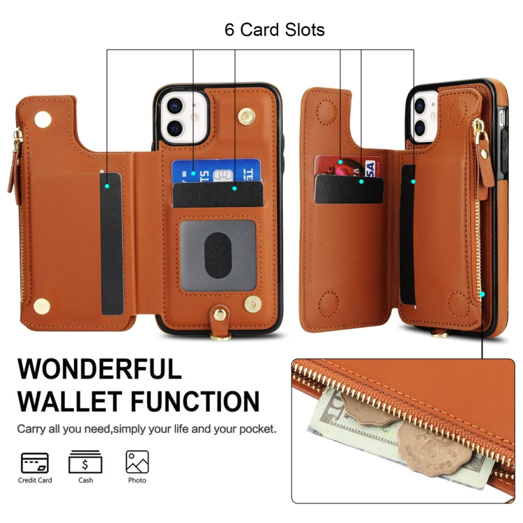 For iPhone 11 Pro Max Double Flap Zipper RFID Leather Phone Case with Short Lanyard(Brown) - iPhone 11 Pro Max Cases by buy2fix | Online Shopping UK | buy2fix