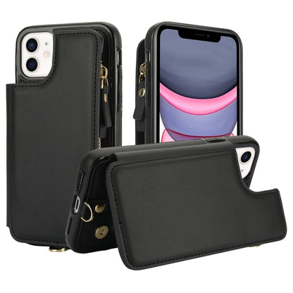 For iPhone 11 Double Flap Zipper RFID Leather Phone Case with Short Lanyard(Black) - iPhone 11 Cases by buy2fix | Online Shopping UK | buy2fix