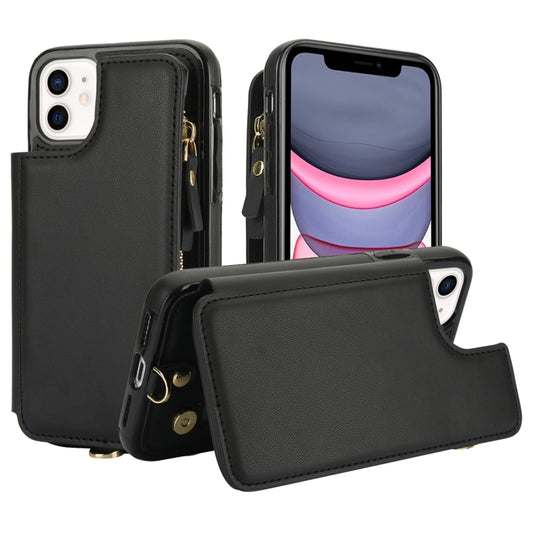 For iPhone 11 Double Flap Zipper RFID Leather Phone Case with Short Lanyard(Black) - iPhone 11 Cases by buy2fix | Online Shopping UK | buy2fix