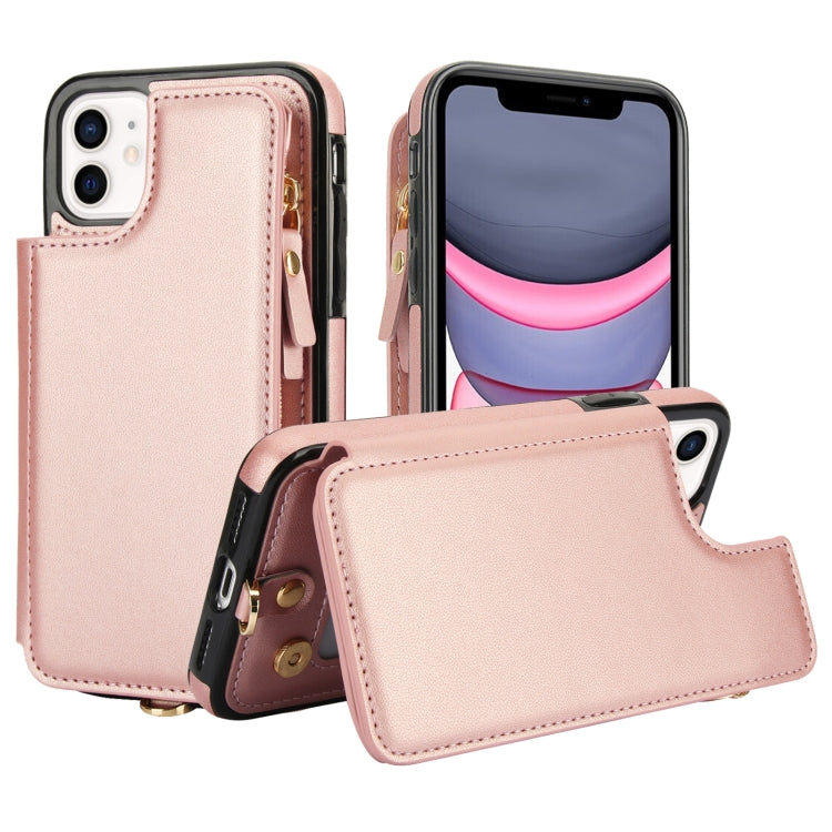 For iPhone 11 Double Flap Zipper RFID Leather Phone Case with Short Lanyard(Rose Gold) - iPhone 11 Cases by buy2fix | Online Shopping UK | buy2fix