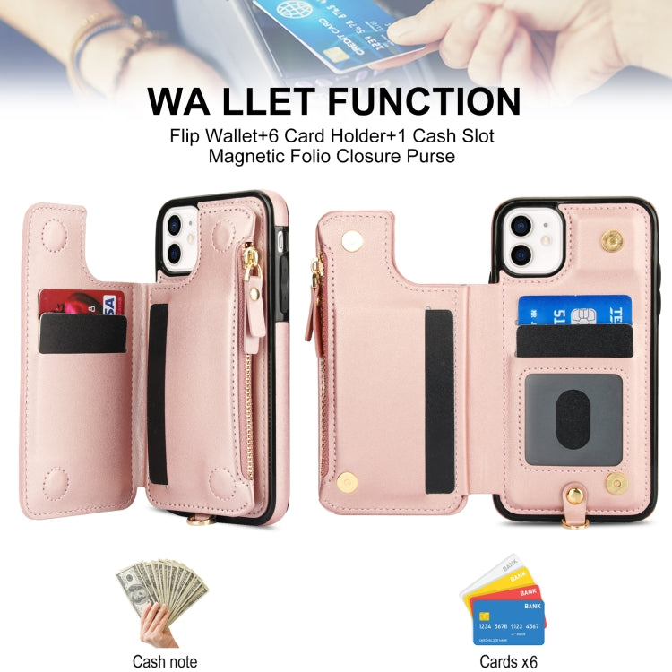 For iPhone 11 Double Flap Zipper RFID Leather Phone Case with Short Lanyard(Rose Gold) - iPhone 11 Cases by buy2fix | Online Shopping UK | buy2fix