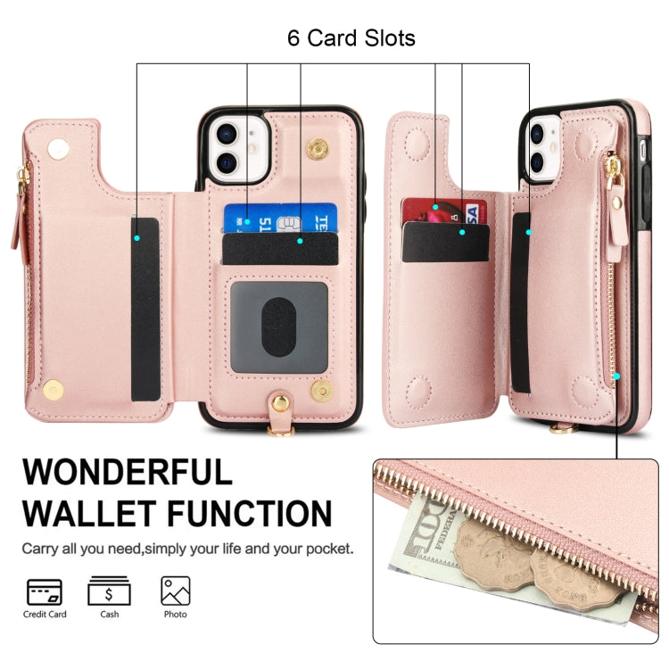 For iPhone 11 Double Flap Zipper RFID Leather Phone Case with Short Lanyard(Rose Gold) - iPhone 11 Cases by buy2fix | Online Shopping UK | buy2fix