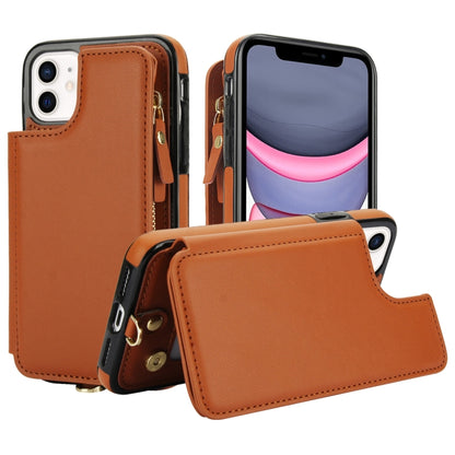 For iPhone 11 Double Flap Zipper RFID Leather Phone Case with Short Lanyard(Brown) - iPhone 11 Cases by buy2fix | Online Shopping UK | buy2fix