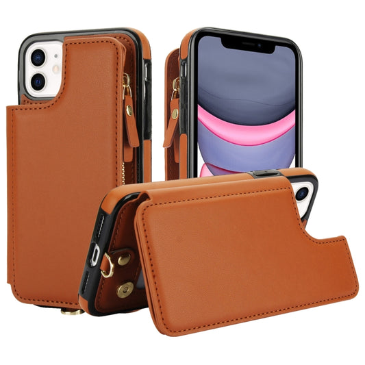 For iPhone 11 Double Flap Zipper RFID Leather Phone Case with Short Lanyard(Brown) - iPhone 11 Cases by buy2fix | Online Shopping UK | buy2fix