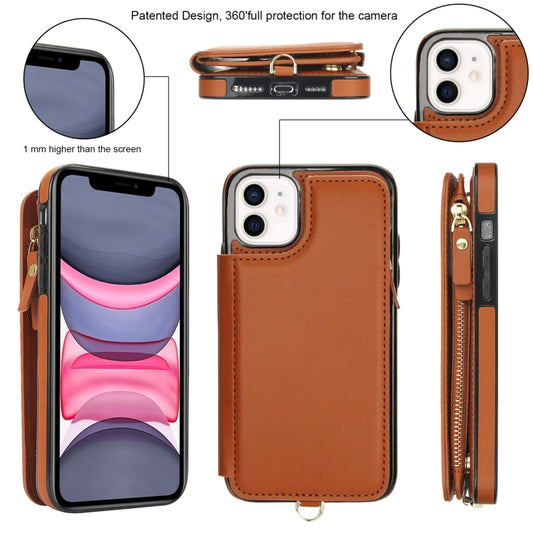 For iPhone 11 Double Flap Zipper RFID Leather Phone Case with Short Lanyard(Brown) - iPhone 11 Cases by buy2fix | Online Shopping UK | buy2fix