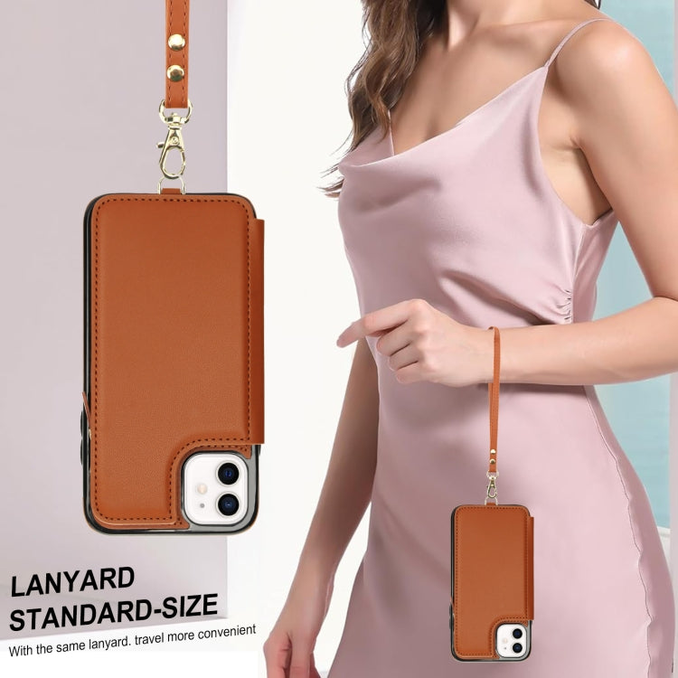 For iPhone 11 Double Flap Zipper RFID Leather Phone Case with Short Lanyard(Brown) - iPhone 11 Cases by buy2fix | Online Shopping UK | buy2fix