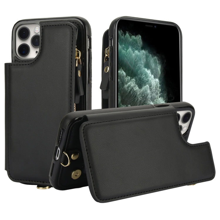 For iPhone 11 Pro Double Flap Zipper RFID Leather Phone Case with Short Lanyard(Black) - iPhone 11 Pro Cases by buy2fix | Online Shopping UK | buy2fix