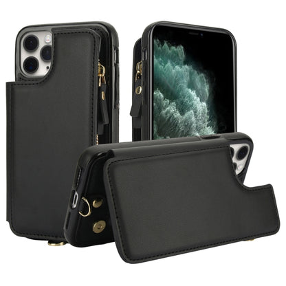 For iPhone 11 Pro Double Flap Zipper RFID Leather Phone Case with Short Lanyard(Black) - iPhone 11 Pro Cases by buy2fix | Online Shopping UK | buy2fix
