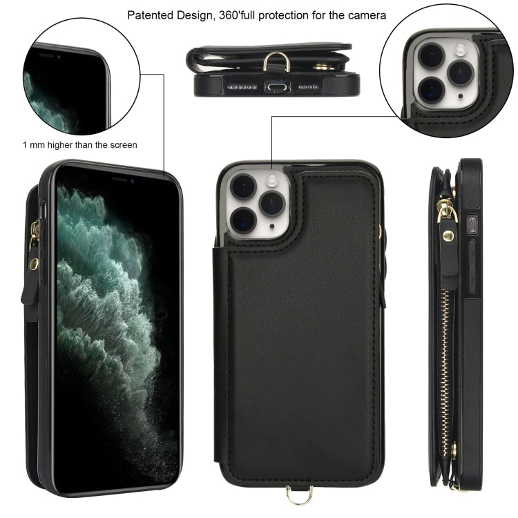 For iPhone 11 Pro Double Flap Zipper RFID Leather Phone Case with Short Lanyard(Black) - iPhone 11 Pro Cases by buy2fix | Online Shopping UK | buy2fix